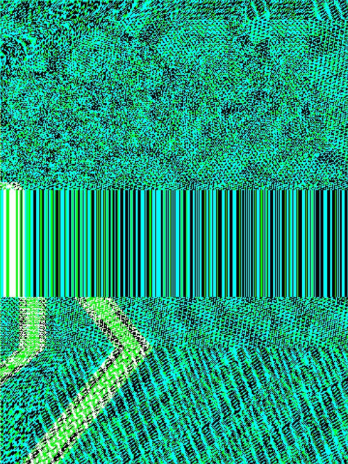 #005: Aqua green glitch art with various patterns and stripes, including a bunch of vertical stretch lines.
