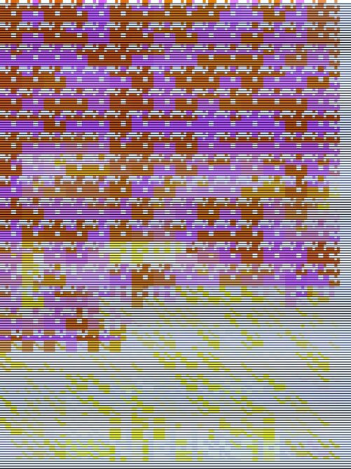 #006: Dark white glitch art with pink and orange and yellow shapes.