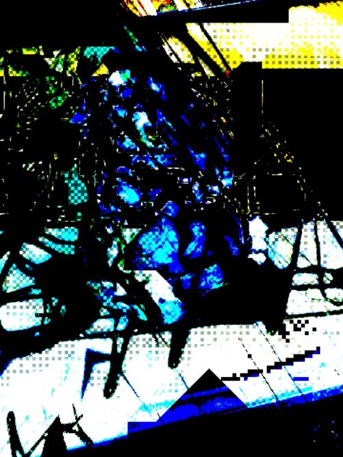 #012: Weird glitch art almost dripping in black shadow venom, with some yellow and blue.