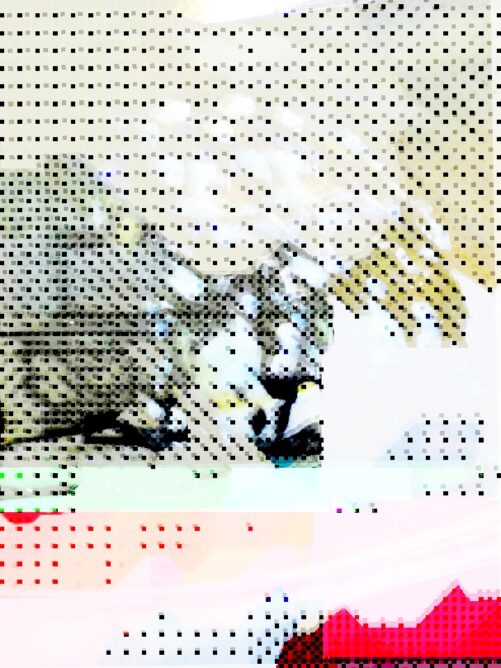 #013: Pointillated glitch art in random arrangements, with yellow, red, blue, and a weird design in the back.