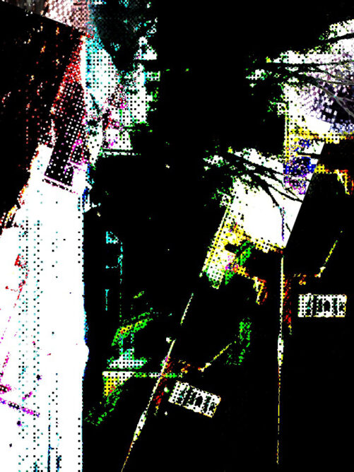 #016: Punk natural glitch art of degraded pixels with yellow, red, blue, and green fragments.