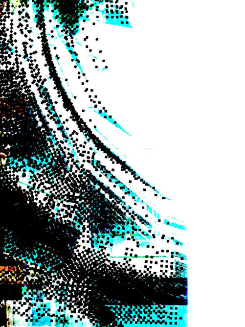 #017: White with black crumbling circular pixel glitch art with some light blues.