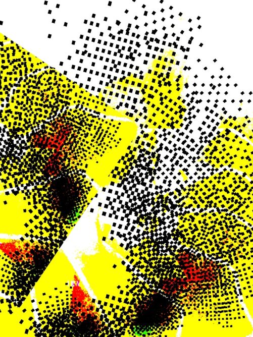 #022: An explosion of yellow, red, and black squares across white.