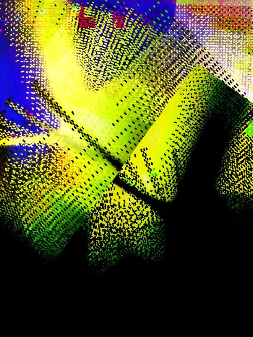 #024: A glitchy shadowplay of yellow, green, and blues with black foregrounds.