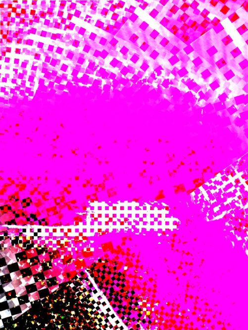 #027: Pink and white glitch designs with motion blur and red/black detailing.