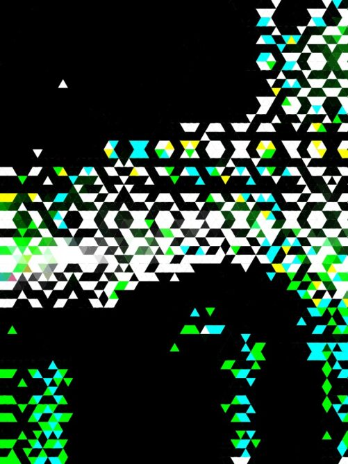 #034: A large triangle pixel blue green yellow black and white glitch piece.