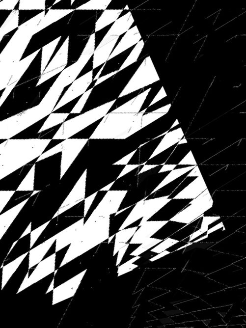 #035: A dynamic piece of glitch art with black and white triangles, diamonds, and jagged lines.