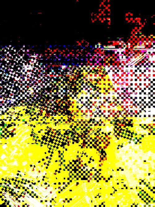 #044: Yellow, black, white glitch art with hints of red and blue behind the big pixels.
