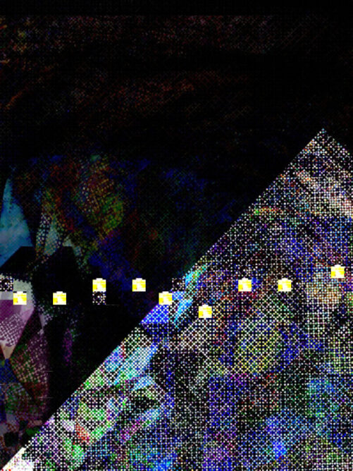 #045 oh no: A dark background and a light static noise multicolor glitch pyramid, with garbled yellow squares trailing over the top of it.