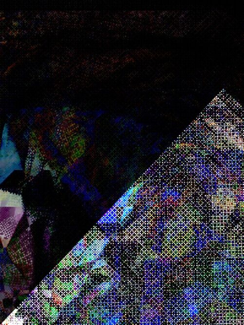 #045: A dark background and a lighter, static noise glitch pyramid with lots of colors.