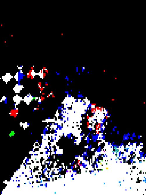 #048: A retro video game like 8 or 16 bit field of black, with blue, white, red, and green around the edges.