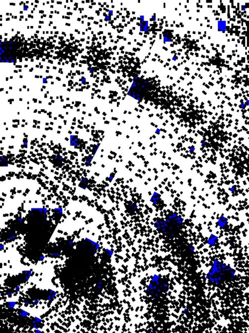 #051: Circular polar coordinate black glitch dots with some swarms and blue highlights.