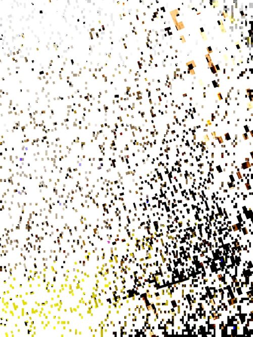 #052: Black and yellow and gold pixels flung out across an expanse of white.