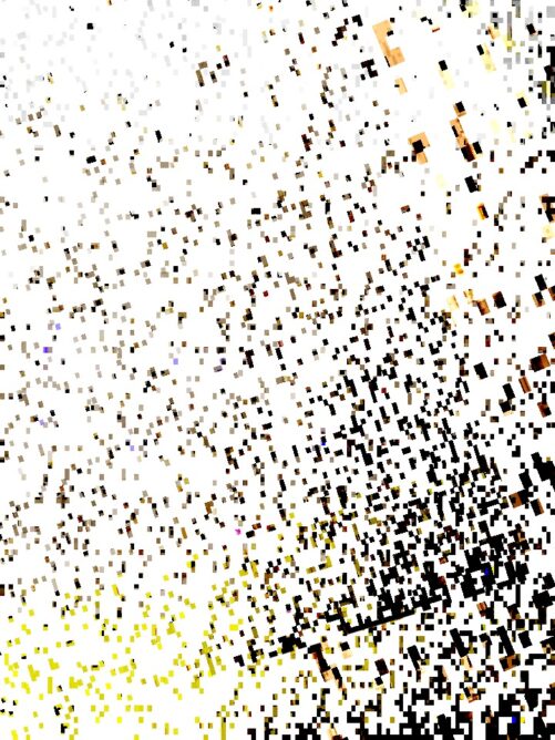 #052: Black and yellow and gold pixels flung out across an expanse of white.