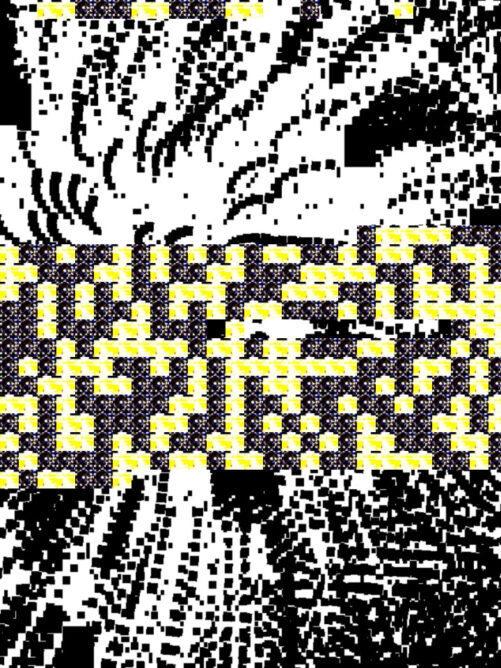 #053 oh no: Black fireworks trailing out in an exploding glitch sky, garbled with yellow and grey computer error stripe across the middle.