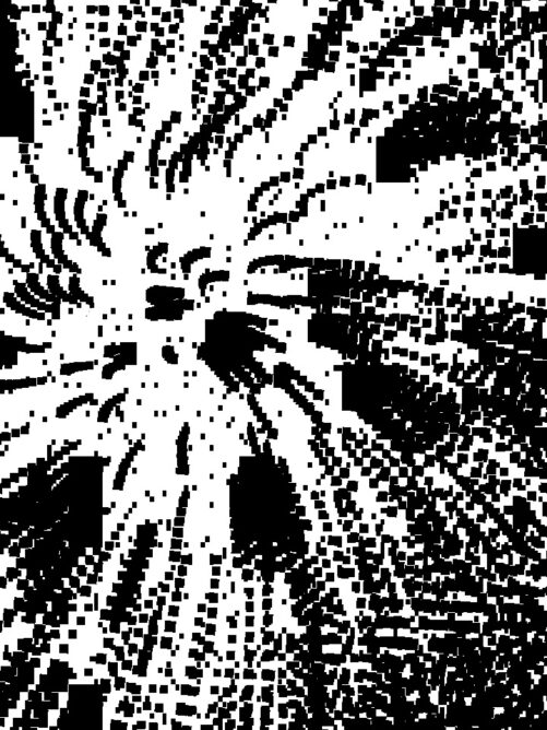 #053: Black firework-like pixels trailing out in an outward exploding glitch motion.