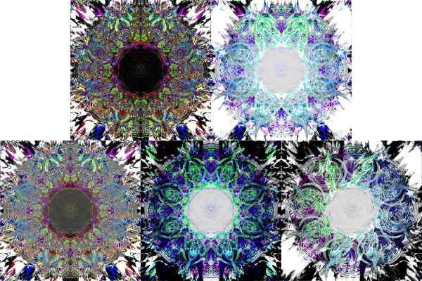A compilation image containing the five Radical Series pieces: Saturation, Light, Difference, Darkness, and Combination, next to each other.