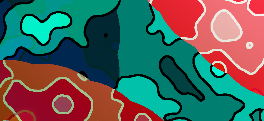 A 100% scale high definition view of the colors, textures, and details of A Multitude, cartoonish reds and oranges on a dark blue and green outlined background.