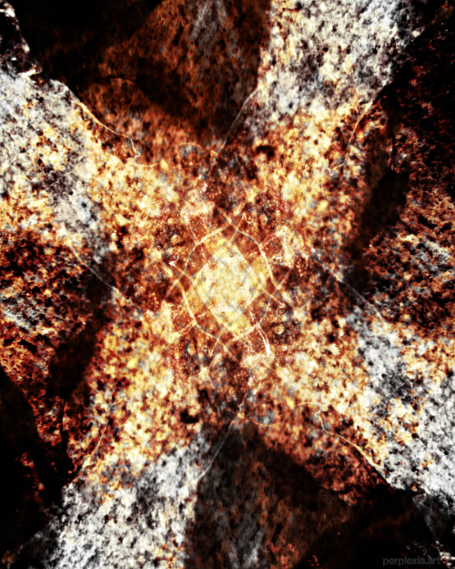 Ambercharm: red, white, yellow, orange, and black abstract digital art of a fiery central burst with four silver arms extending outward.