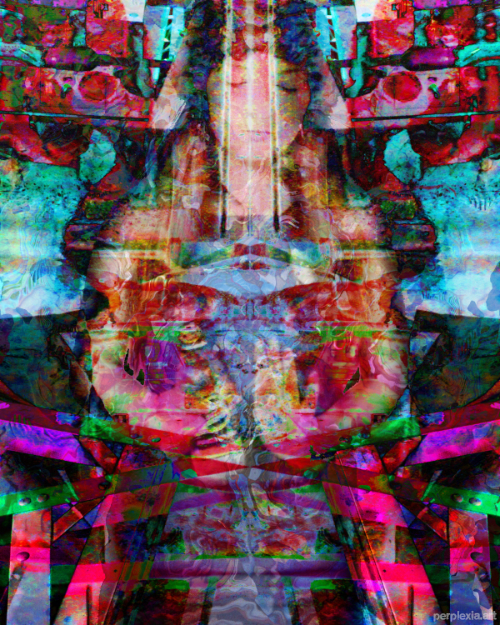Arriving Goddess: blue, pink, and green abstract digital art of a highly obscured holy figure, eyes closed, hands in prayer, coming from above.