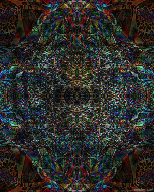 Cannibal Roar: abstract digital art of a dark symmetrical diamond design with blues, tans, yellows, and distinct lines.