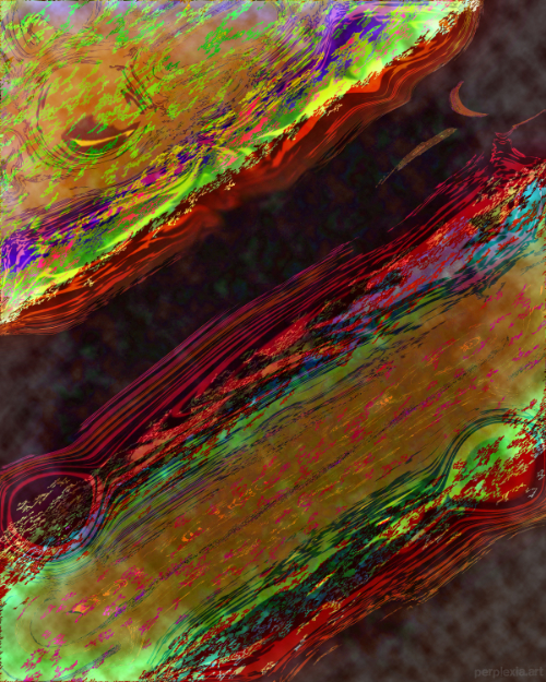 Class Seven Atmospheric Bands: orange, red, and maroon abstract digital art of gas bands with green over a giant planet.