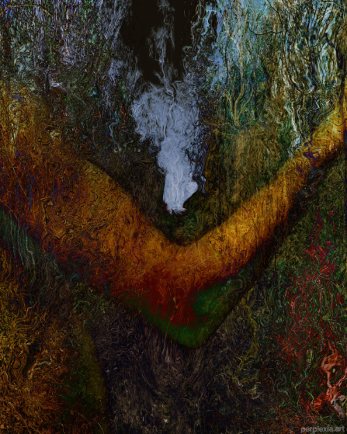 Contort: blue, green, and orange abstract digital art of a bent arm in a fiery fantastic forest.