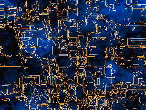 A dark blue and black cloudy background, and a foreground of sharp pixelated jagged yellow lines forming erratic yet systematic patterns.