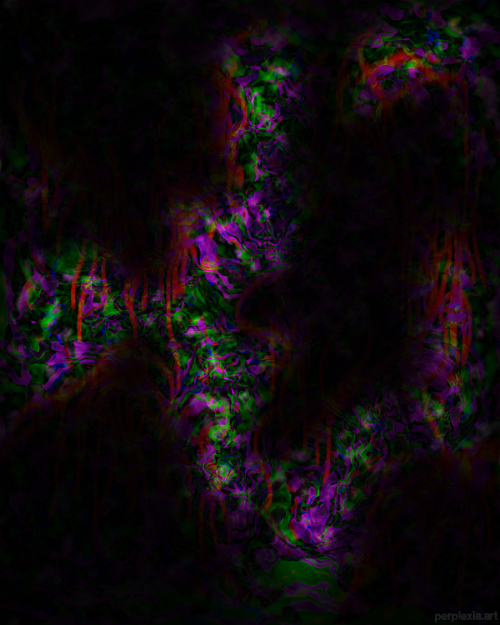Death of a Transcendent: black, purple, green, and red abstract digital art of a shadowed, alien entity bleeding.