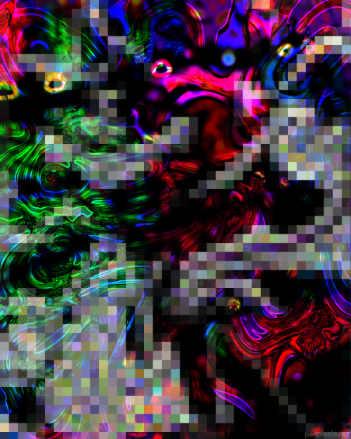Eldritch Dyson Seal: pink, green, black, and white abstract digital art of a swirly darkness monster underneath a pixelated force field.