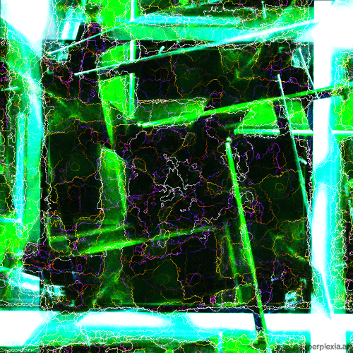 Emerald Voltchamber: green, white, purple, and black abstract digital art of neon framework containing tons of multicolor electrical lines.