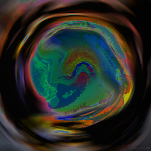 Emergence to an Earth: black, red, green, blue, and yellow abstract digital art of a dark wormhole opening up to a pixelated ocean planet.