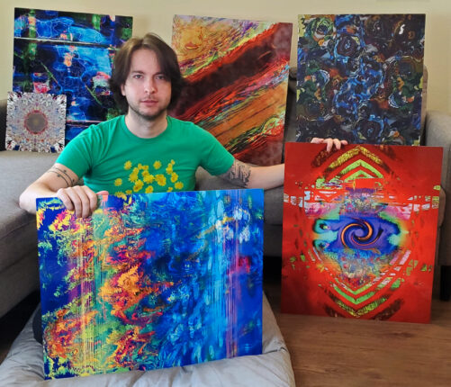 Perplexia art creator Ethan James Hulbert with six abstract prints on aluminum and canvas.