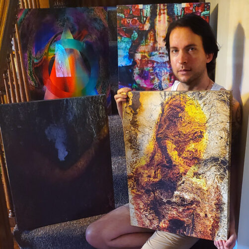 Perplexia artist Ethan J Hulbert with Forced Leather on aluminum, Arriving Goddess, Contort, and Otherworldly on canvas.