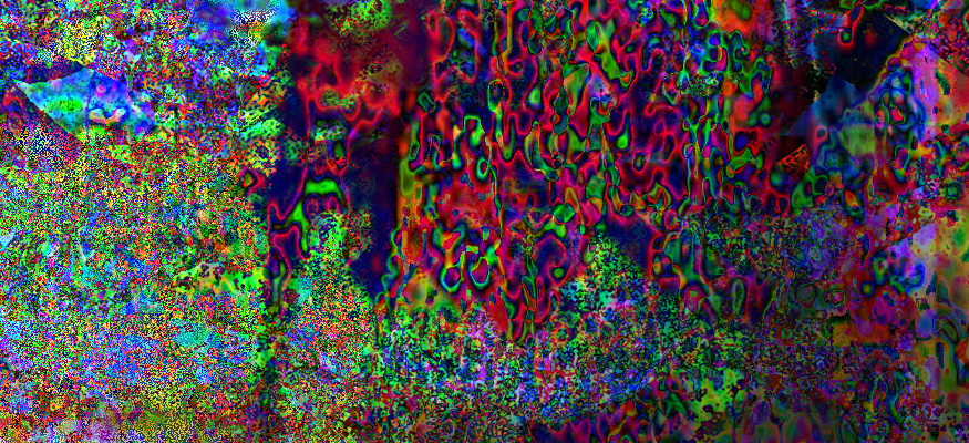 A 100% scale high definition view of the colors, textures, and details of Fine-Structure Variable, trippy dripping reds and sharp green multicolor texture.