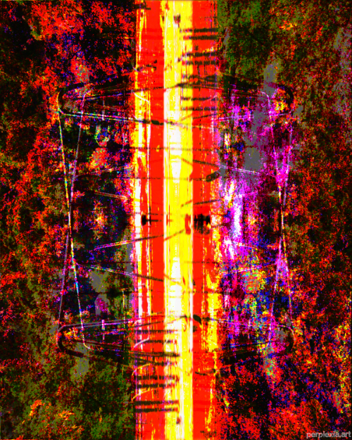 Fluxion Containment Lattice: yellow, red, purple, and dark green abstract digital art of thin line systems containing a huge beam of energy.