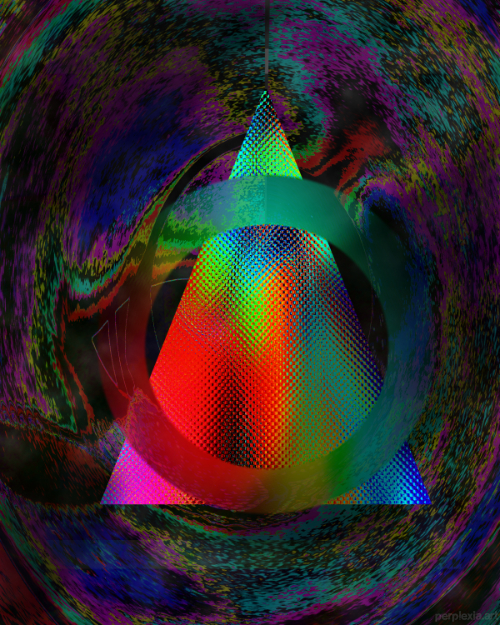 Forced Leather: abstract digital art of a hazy circle, over a red blue and green textured triangle, over a dark purple sworl background.