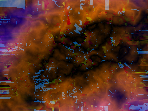 A hazy muted orange cloud with a dark burnt center, surrounded by purple and containing glitchy blue lines and segments.