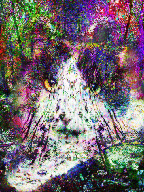 Jack's Requiem: pink, green, grey and white abstract digital art of a cay with prominent yellow eyes, made up of a forest with propped-up sticks.