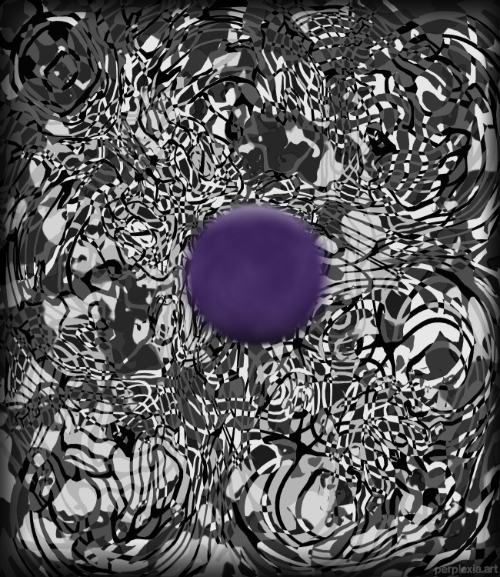 Jester's Nightmare: black and white abstract digital art of lots of intersecting swirly grey lines, with a dark vignette and a big purple circle.