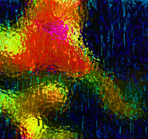 As seen through a frosted glass lens or foggy window, a couple of three-particle interactions in red and yellow with a dark blue background.
