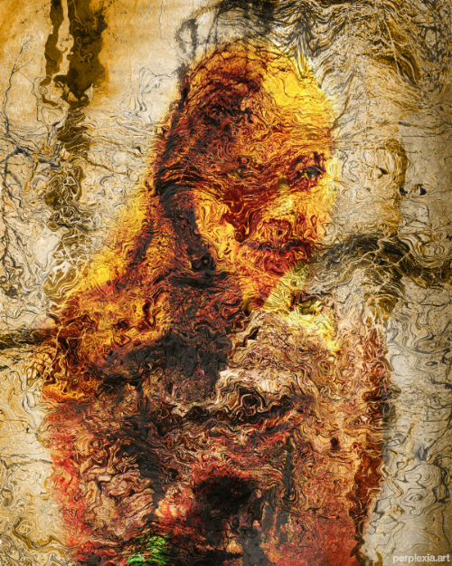 Otherworldly: brown, tan, and yellow abstract digital art of a woman looking right, fingers on chin, pondering, obscured by waves and swirls.