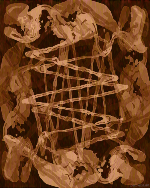 Palientology: brown and tan abstract digital art of zig zagging intersecting lines and fossil like blobs, like alien bones in xenoarchaeology.