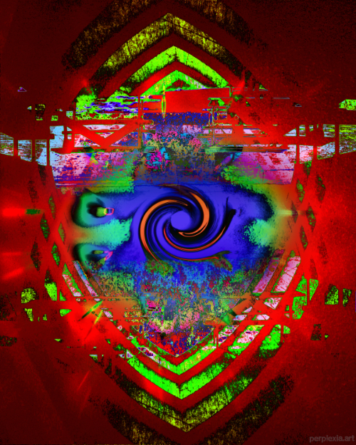 Portal Cathedral: red, blue, green, and orange abstract digital art of a diamond shaped temple around a swirly spiral portal.