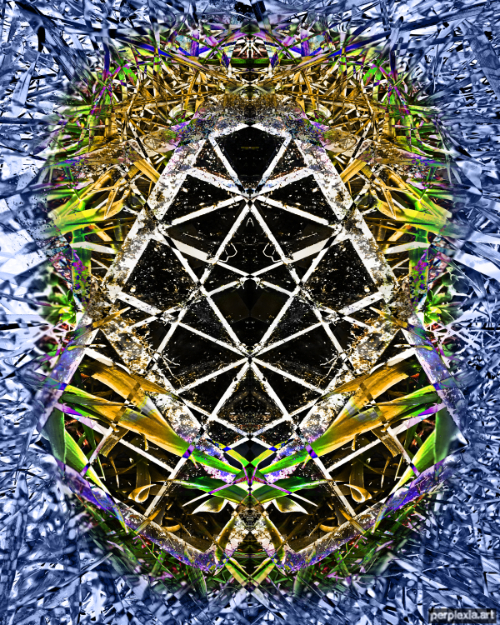 Prysn: icy blue, yellow, green, black, and white abstract digital art of a symmetrical intersecting grid with ice shards on the borders.