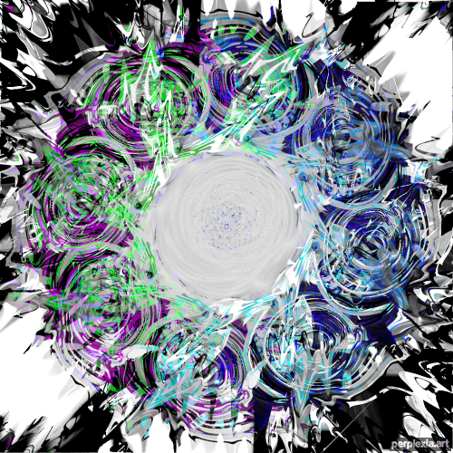 Radical Combination: black, white, purple, green, and blue abstract digital art of a cyclone with 8 mini-cyclones and balanced background.
