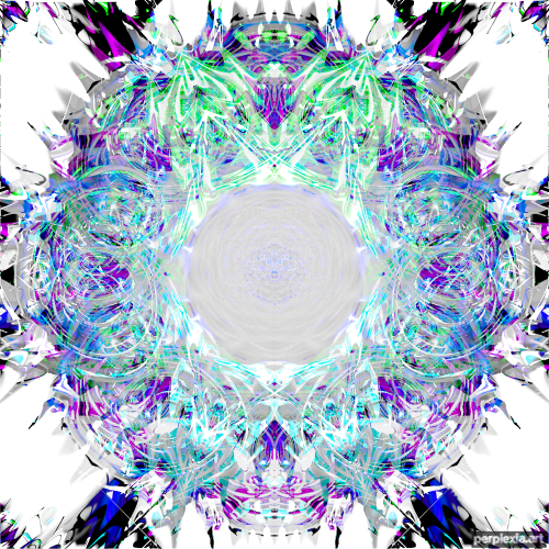 Radical Light: white and pastel blue/purple abstract digital art of a radical cyclone made up of other cyclones and a light core.