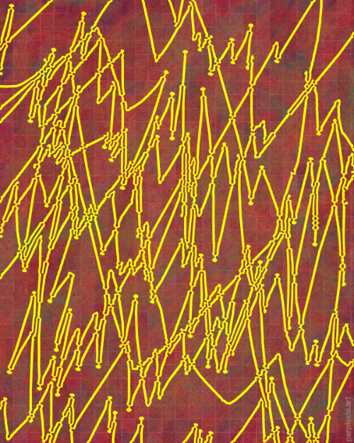Reticulated Splines: hazy red and yellow abstract digital art of sharp lines criss crossing like stocks or profit charts gone crazy.
