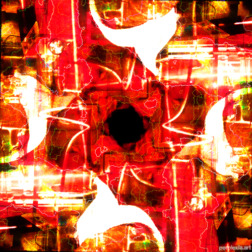 Ruby Supernova: red, yellow, black and white abstract digital art of a symmetrical technological star surface around a big black hole.