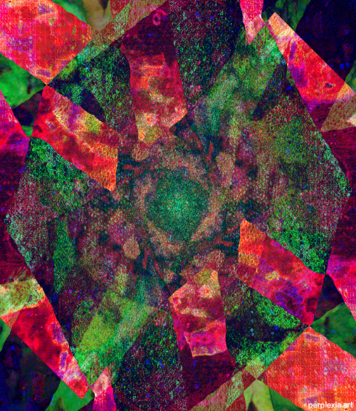 Spatial Shards: red, green, and purple heavily fragmented abstract digital art of concentric polygons with a gaseous grate-like texture.